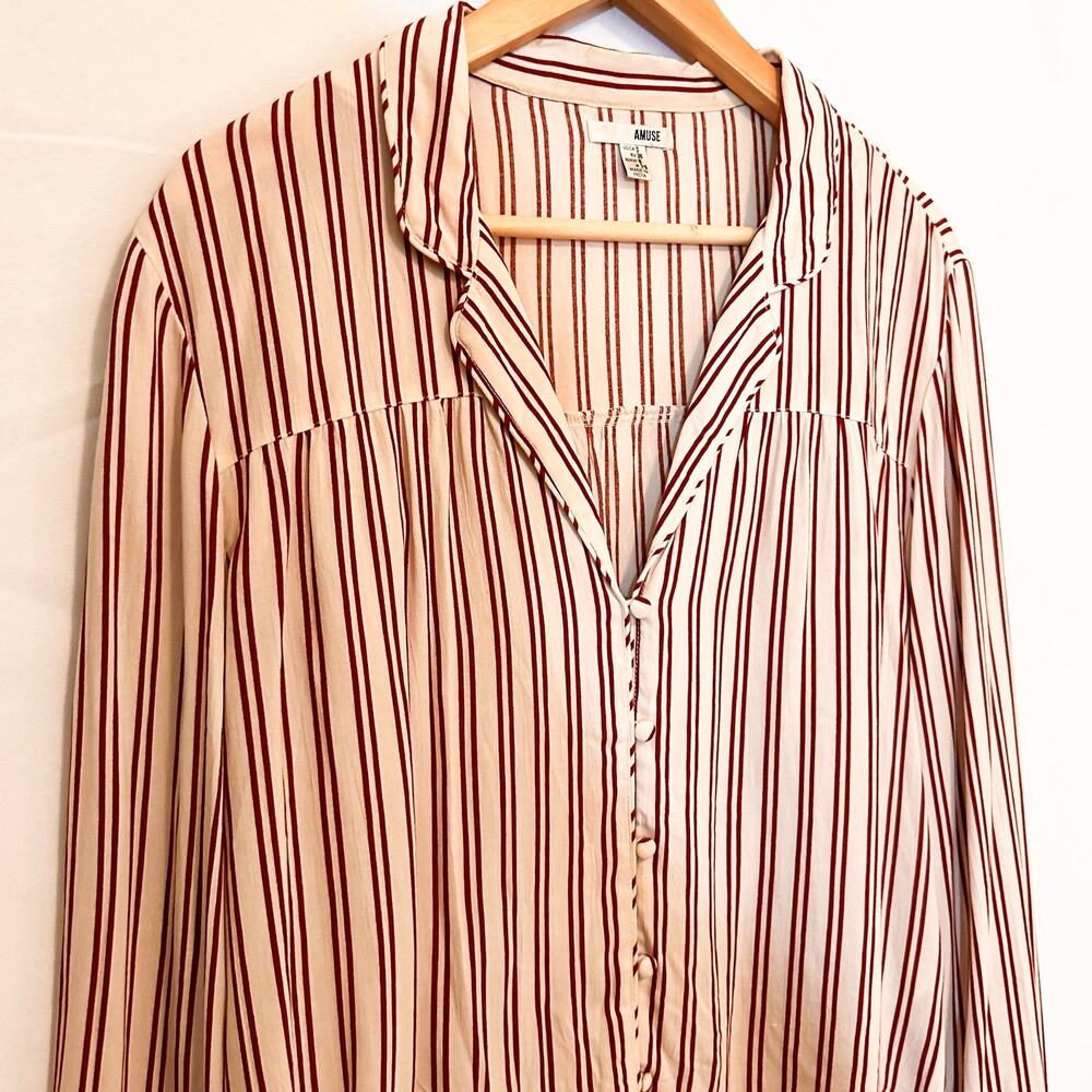 AMUSE SOCIETY Sofia Woven Top Red White Striped Button Down Dress Shirt Sz. S - Picture 3 of 5